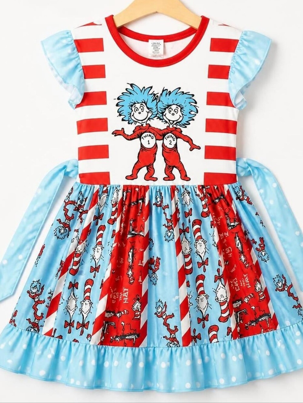 Girls Dr. Seuss Inspired Red & Light Blue Ruffle Dress